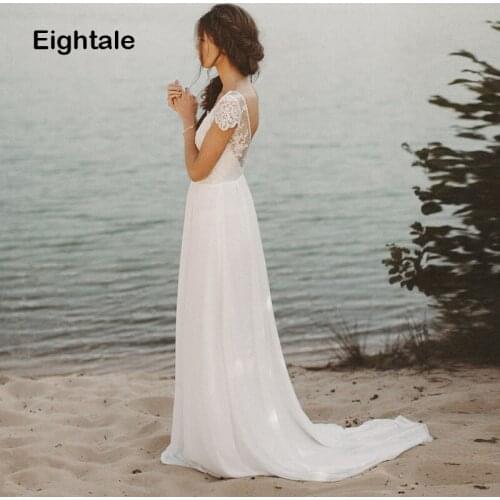 Eightale Beach Wedding Dress 2019 V Neck Backless Lace A Line Chiffon Cap Sleeve Boho Bride Dress Wedding Gown Free Shipping