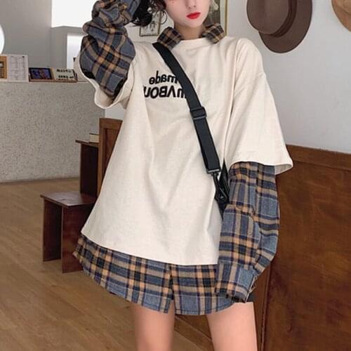 Autumn Vintage Sweatshirt Women Kpop Letter Splicing Plaid Lapel Long Sleeve Oversized Harajuku Streetwear Pullover Tops Spring