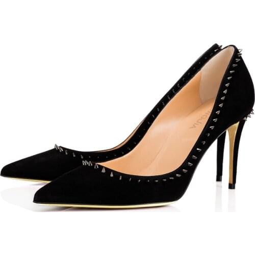 Women Pumps Pointed Toe Black Rivet High Heel Thin Heels Single Shoe White Black Genuine Leather Party Shoes Woman Zapatos Mujer