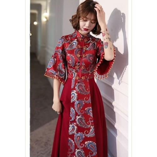 Qipao Evening Dresses Red Satin Cheongsam Dress Large Size Wedding Cheongsams XiuHe Oriental Dress Chinese Wedding Dress