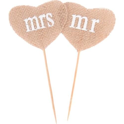 Vintage Cake Topper Heart Craft Rustic Hessian Jute Burlap Fabric Mr Mrs Wedding Party Decorations Supplies