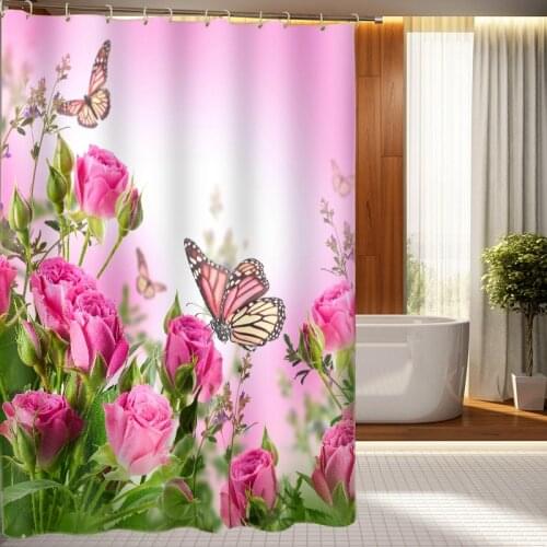 3D Shower Curtain Flower Butterfly Pattern Polyester Fabric Waterproof Shower Curtain Eco-Friendly Bathroom Curtain Home