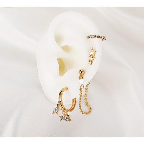 Womens Trendy Metal Gold Zircon Rhinestone Star Tassel Chain Stud Earrings C-Shaped Ear Cartilage Cuff Clip 4Pcs/Set Jewelry