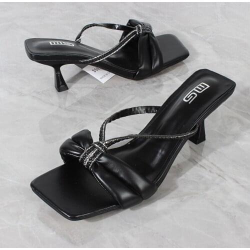 Womens High Heel Slippers 2021 Summer New Rhinestone Braided Belt Soft PU Stiletto Sandals Fashion Daily Womens Shoes 6.5CM