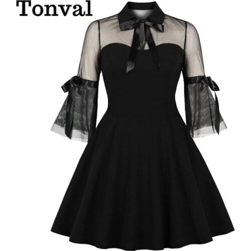 Tonval Bow Neck Mesh Sleeve 2021 Spring Summer Elegant Party Women Dresses Vintage Style High Waist Pocket Side Mini Dress