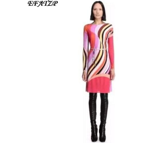 Luxury Brands stretch Print XXL Dress 2015 Autumn Womens Long Sleeve Red Charming Geometric Spandex Stretchable Signature