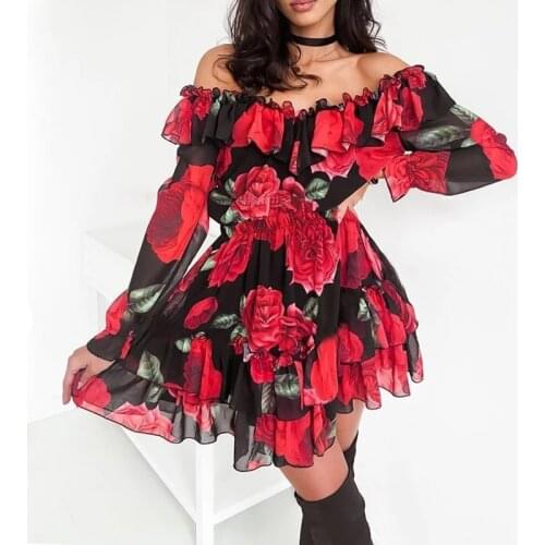 Women Off Shoulder Ruffles Flower Print Dress 2021 Spring Long Sleeve Elegant Party Dress Female Chiffon Beach Holiday Vestidos