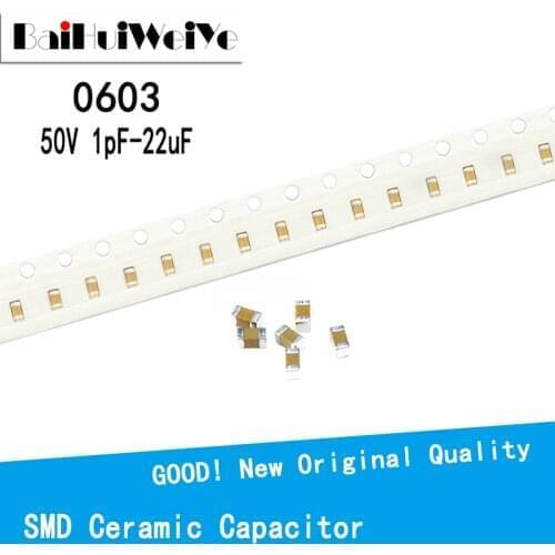 100PCS/LOTE 50V SMD 0603 Thick Film Chip Multilayer Ceramic Capacitor 1pF - 22uF 10NF 100NF 1UF 2.2UF 4.7UF 10UF 1NF 100PF 470p