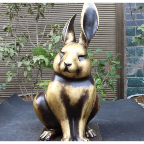 17" Chinese Fengshui Pure Bronze Auspicious Animal Wealth Hare Rabbit Art Statue 02017
