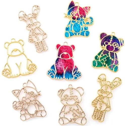 2PC/Set Cute Rose Gold Bear Rabbit Fox Metal Hollow Animal Frame Pendant Gold Charm Bezel Setting DIY UV Resin Charm