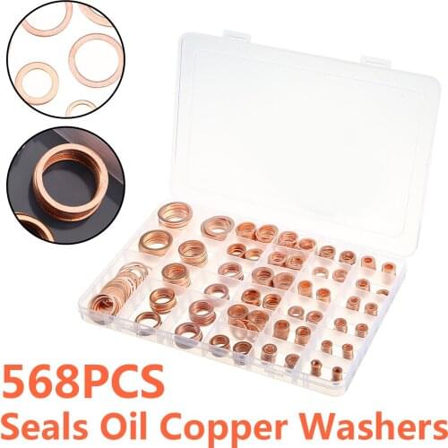 568pcs Copper Washer Gasket Nut Bolt Seals Oil Flat Rings Washers Gasket Mixed Size Assortment Fastener Hardware Accessories