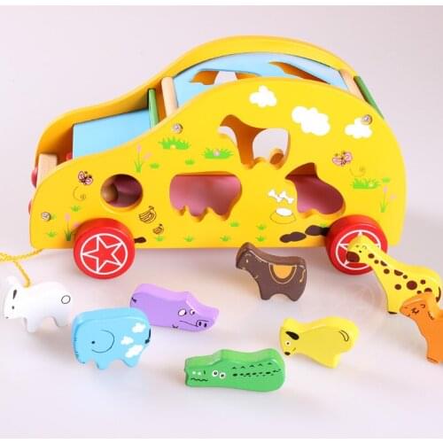 Kids Cartoon Animals Shape Match Bricks Car Toy Montessori Materials Wooden Educational Toys For Children Blocks Christmas Gift