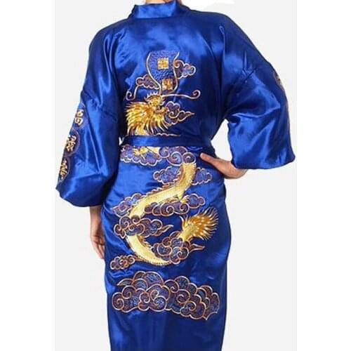 Navy Blue Chinese Mens Satin Silk Robe Embroidery Kimono Bath Gown Dragon Size S M L XL XXL XXXL
