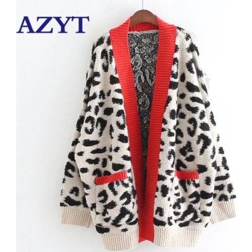 Open Stitch Leopard Casual Cardigans Women Fashion Long Sweater and Cardigans Red and Yellow Oversized Knit Jacket Out Coat