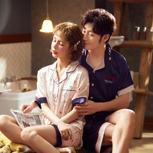 Summer Couples Ice Silk Short Sleeve Paragraphs Thin Sweet Men Or Women Lovers Pajamas Set
