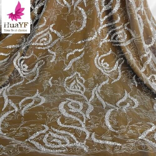 Hot Mesh White Wedding Dress Lace Fabric With Sequins And Beads HY1421