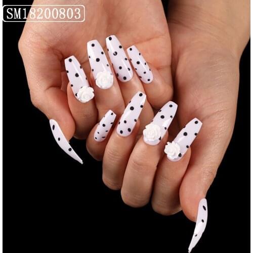 24Pcs/Set Pink 3D flower Polka Dot Fake Nails DIY Slider Glue Type Removable Coffin Long Paragraph Fashion Full Cover Manicure
