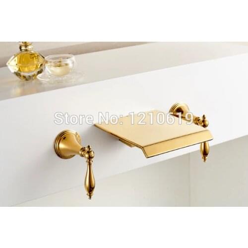Newly US Free Shipping Wall Mounted Golden Polished Bathroom Luxury Tub Faucet Set 3Pcs Dual Handles Three Holes