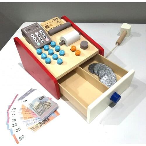 New Cute Kids Money Banking Pretend Play Wooden Simulation Market Cash Register Children Play House Toys Gift Set