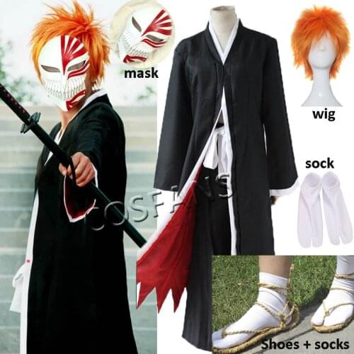 Bleach Cosplay Costumes Ichigo Kurosaki Hollow Mask Men Ichigo Wig Black Cloak With Straw Sandals Socks Wig mask Top + pants