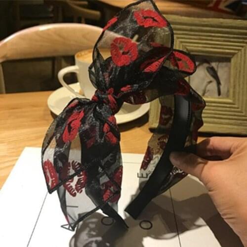 Black Mesh Bow Headband for Women Double Layers Bow Hairband with Lips Print Adults Side Bow Headband Girls Bow Hairband Toothed