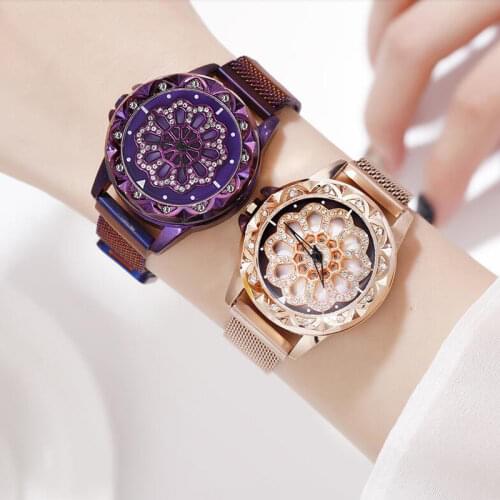 Drop Shipping Luxury Magnetic Watches 360 Rotate Dial Design Watch Lucky Stainless Steel Bracelet Quartz Clock Relogio Feminino
