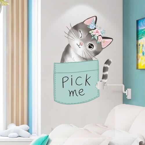 [shijuekongjian] Pocket Cat Wall Stickers DIY Cartoon Animal Wall Decals for Kids Room Baby Bedroom House Decoration Accessories