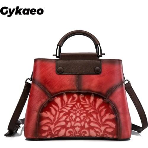 Gykaeo Female Retro Genuine Leather Tote Bags Handbags Women Famous Brands Floral Shoulder Bag Ladies Embroidery Messenger Bags