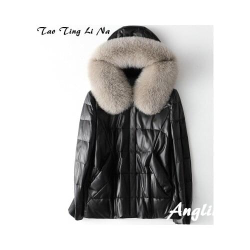 2020 Women Fashion Fox Fur Collar Genuine Real Sheep Leather Coat H70
