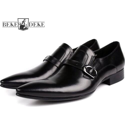 Men Work Genuine Leather Formal Shoes Business Man Classic Slip On Loafers Pointed Toe Block Low Heel Wedding Party Dress Shoes