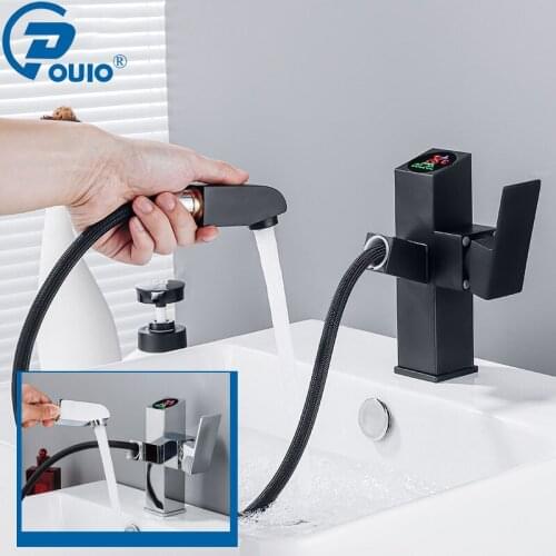 OUIO Pull Out Black Bathroom Sink Faucet Hot and Cold Water Mixer Crane Digital Display Chrome 360 Degree Water Mixer Tap