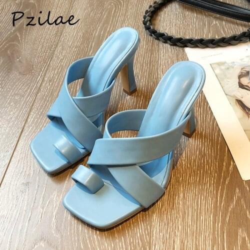 Pzilae 2020 women summer shoes slides square head high heel slippers sexy ladies slip on thin heels women party shoes blue