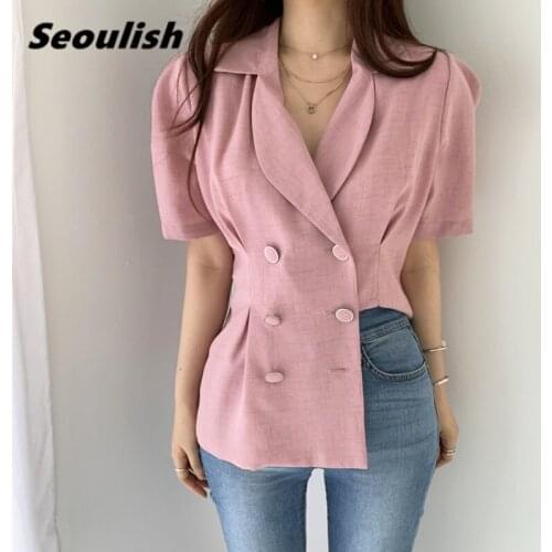 Seoulish New 2021 Summer Double Breasted Pink Womens Blazers Short Sleeve Female Formal Jackets Elegant Outerwear Chic Tops
