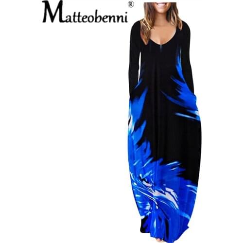 Loose Splice Casual Pockets Long Dress Female Autumn 2021 Fashion Printing Long Sleeve V-Neck New Maxi Dress Ladies Boho Clothes