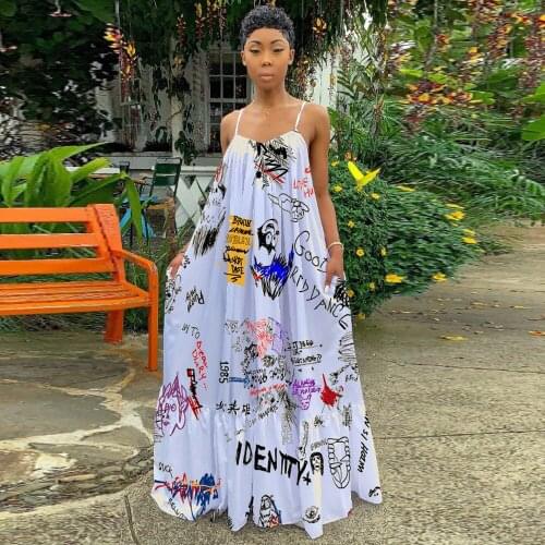 Summer Dress Women Graffiti Print Spaghetti Strap Sleeveless Maxi Dress Sexy Pocket Loose Plus Size Slip Dress Sukienki Letnie