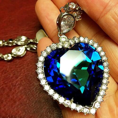 Titanic Rose Heart Of The Ocean Blue Crystal Necklace Pendant Women Heart Shape Sweater Necklace Jewelry Couple Gifts