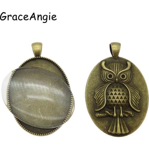3 Set Vintage Animal Antique Owl Pendant Settings Cabochon Base Bezel Trays Blank Fit 40mm Glass Cabochons DIY NecklaceColor