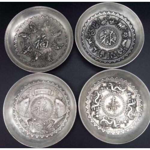 4PC solid silver outlets Exquisite Old Decorated Handwork Chinese Luck word FU LU XI SHOU dragon Tibetan Silver Plate