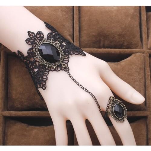 Hot High Quality Black Lace Bracelet Finger Hand Chain Harness Women Bracelet Metal Crystal Charm Steampunk Lady Vintage Jewelry