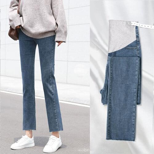 Washed Denim Maternity Ninth Pants Jeans Straight Loose Cotton Elastic Belly Pants For Pregnant Women Pregnancy Summer Autumn