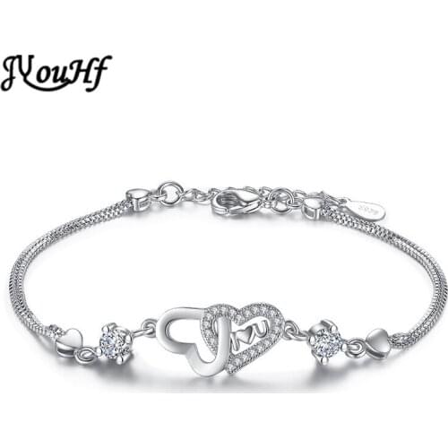 JYouHF Luxury Brand White/Purple Crystal Bracelets & Bangles White Gold Plated Lovely Heart Charms Bracelets for Women Jewelry