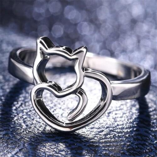 Cute Little Cat Hollow Out Silver Color Ring Sweet Temperament Girl Ring Fashion Womens Jewelry