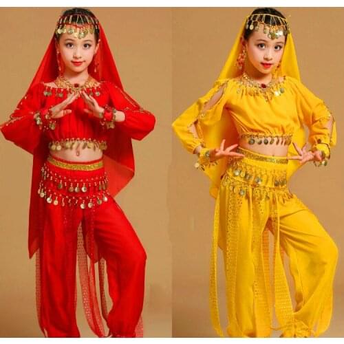 4 Color Girls Long Sleeve Oriental Dance Costumes for Children Indian Dress Sequin Bollywood Dancing Suit Stage Performance