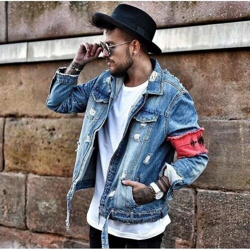 New EU US SIZE 2019 high street mens denim jackets embroidered slim mens coats Hip-hop jacket blue black white