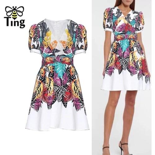 Tingfly Summer Fashion Tropical Print Boho Fashion Casual Mini Short Dress with Sashes Vintage Short Sleeve A Line Chic Elbise