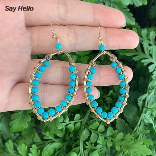 SAY HELLO Small Turquoises Beaded Tassel Dangle Earrings for Women Charming Bohomain Party Geometric Jewelry Brinco