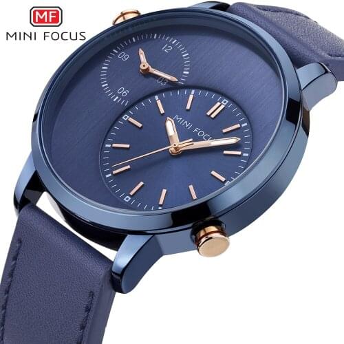 MINI FOCUS Top Brand Luxury Quartz Watch Men Double Time Zone Blue Dial Leather Strap Fashion Minimalist Wristwatch 2019 New