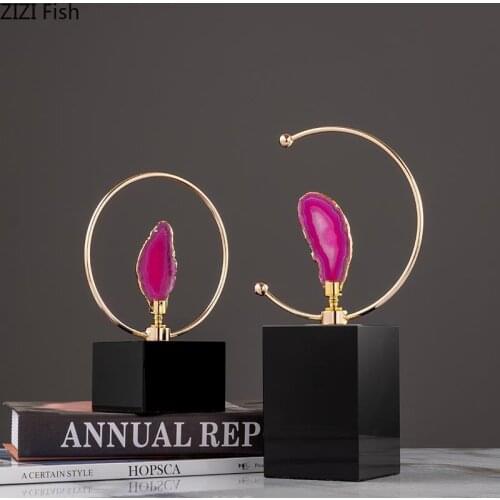 Natural Agate Black Crystal Ornaments Living Room Decoration Furnishings Alloy Crafts Artwork Sculpture Modern Home Decor