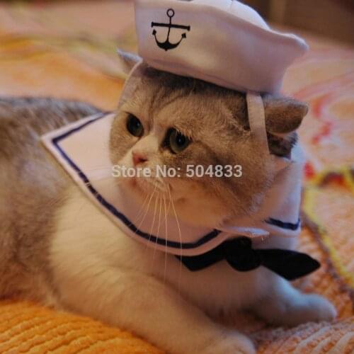 Cats Cosplay Clothes Kitten Sailor Suit Puppy Grooming Hats Collar 2pcs Set for Bichon Frise