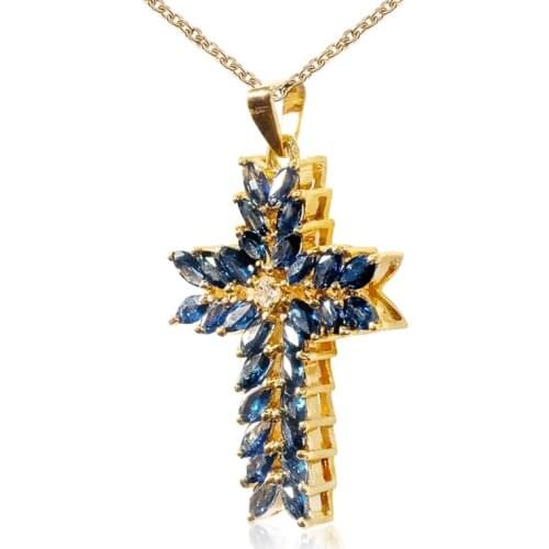 Huitan New Trendy Cross Women Pendent Necklace Anniversary Gifts Gold Color Gorgeous Blue Marquise CZ Female Accessories Jewelry